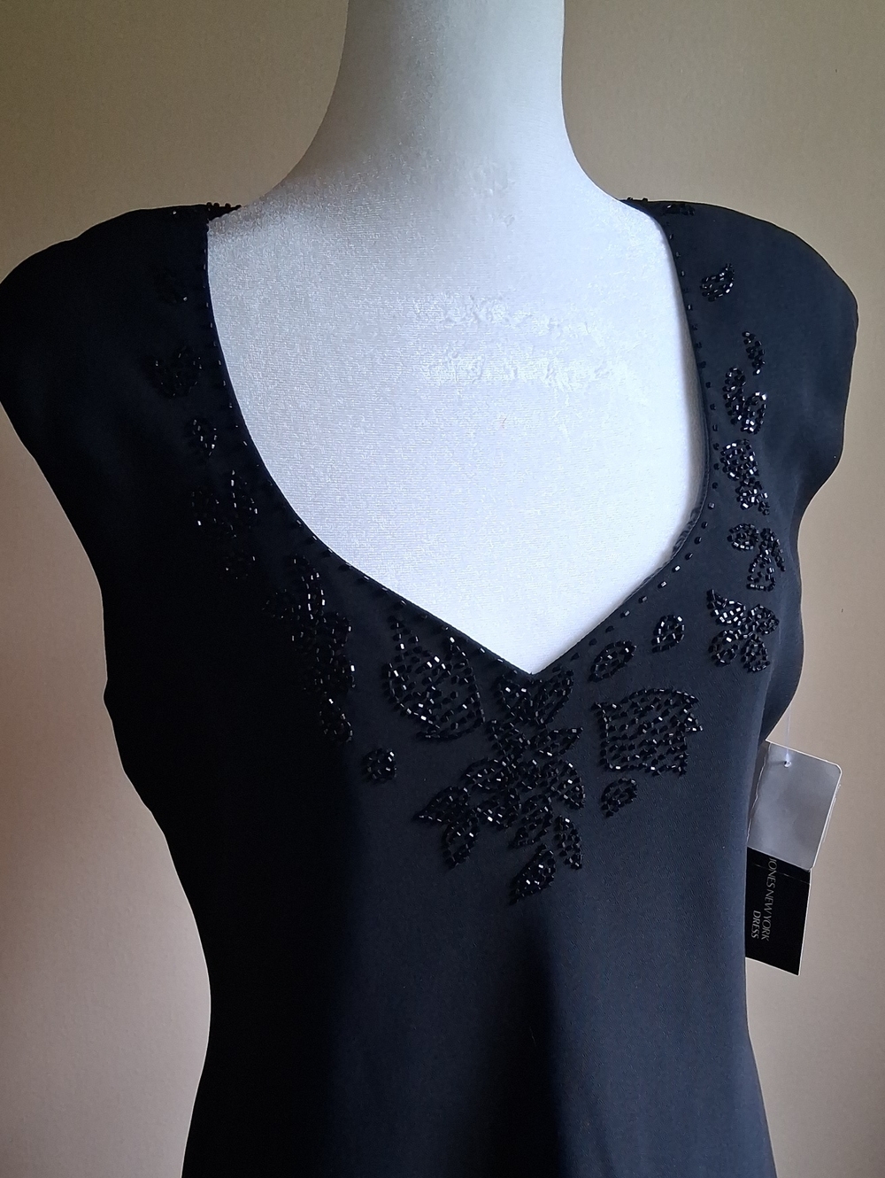 Jones New York Black Beaded V-Neck Dress